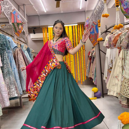 Aastha Fashion Green Reyon Readymade Mirror Lace Semi Stitched Wedding Wear Lehenga Choli