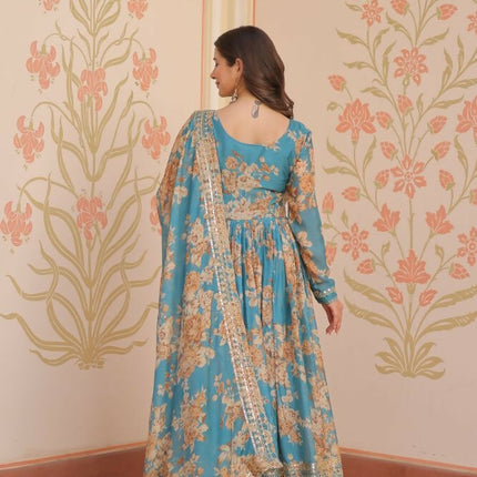 Aastha Fashion Rama Russian Silk Digital Print With Embroidered Sequins Work Party Wear Designer Gown