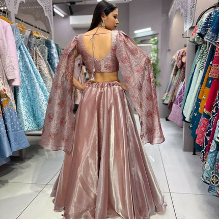 Aastha Fashion Peach Heavy Jimmy Chu Belt Embroidery Thread + Sequence Work Semi Stitched Wedding Wear Lehenga Choli