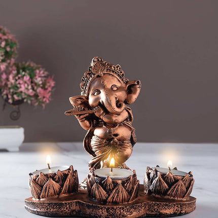 Golden Peacock Brown Ganesha Diya Holder