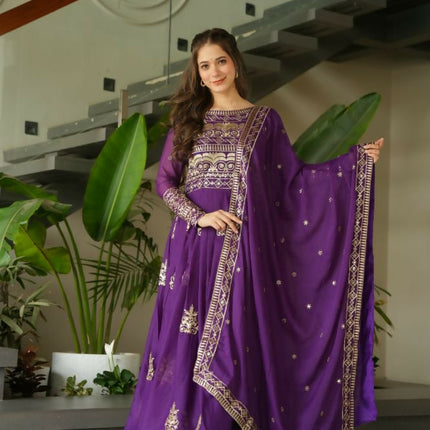 Aastha Fashion Purple Chinnon Sequins-Multi & Beads Embroidered Work Party Wear Designer Gown