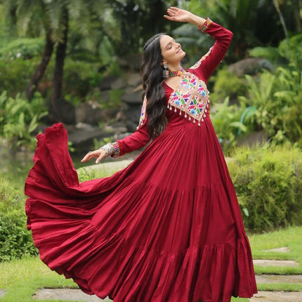 Aastha Fashion Maroon 14 kg Reyon Kutchi Gamthi Work Party Wear Designer Gown