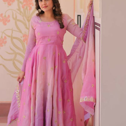 Aastha Fashion Pink Pedding Gold Organza Sequins-Multi & Zari Embroidered Work Party Wear Designer Gown