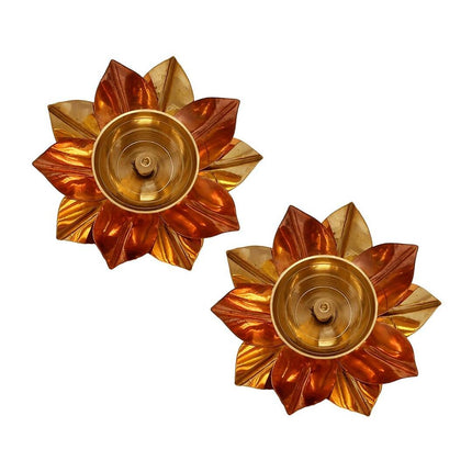 eCraftIndia Brown & Gold-Toned 2 Pcs Floral Shape Metal Diyas