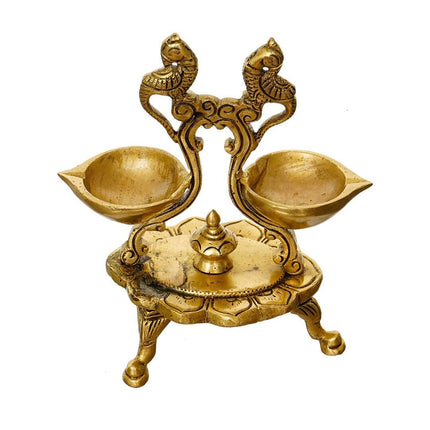 eCraftIndia Gold Toned Parrot Design Brass Handcrafted Diya With Stand