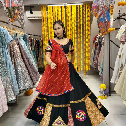 Aastha Fashion Black Rayon Gamthi Work Real Mirror Patch + Embroidery Thread Work Lace + Digital Print Semi Stitched Wedding Wear Lehenga Choli