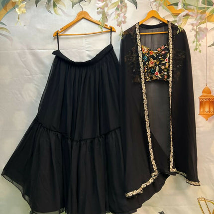 Aastha Fashion Black Heavy Georgette Pleated Semi Stitched Wedding Wear Lehenga Choli