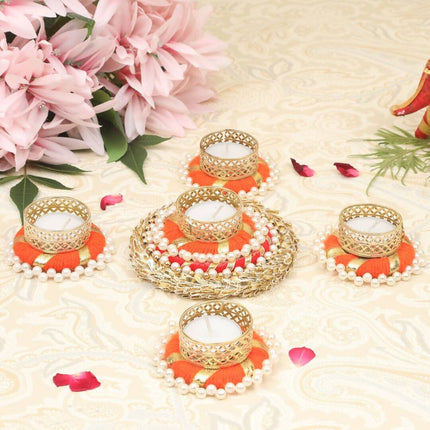 Tied Ribbons Set of 5 Orange & Gold-Toned Tealight Candle Holder