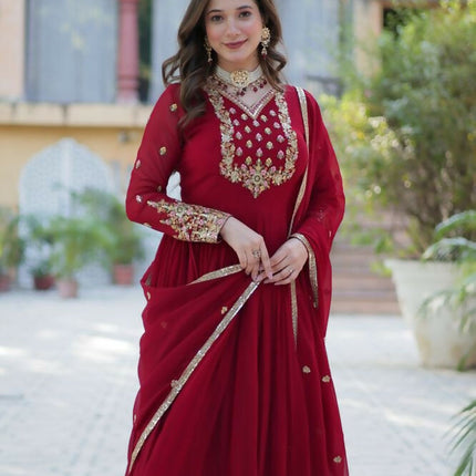 Aastha Fashion Maroon Faux Blooming Georgette Sequins Embroidered work Party Wear Designer Gown