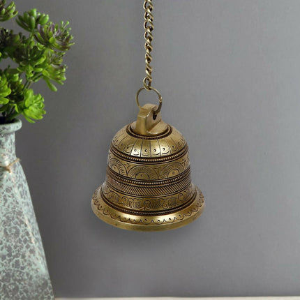 CraftVatika Gold-Toned Brass Hanging Bell with Attached Chain & Hook