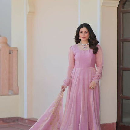 Aastha Fashion Pink Fendy Chiffon 12 Kali Stitched Party Wear Designer Gown