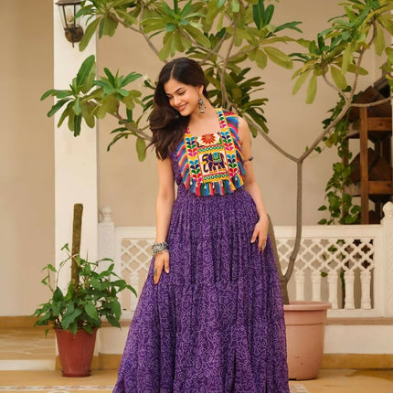 Aastha Fashion Purple Faux Georgette Bandhani Print Navratri Designer Gown Collection