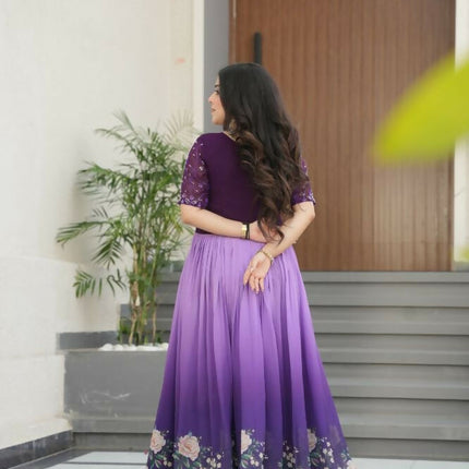 Aastha Fashion Purple Faux Blooming Embroidered work and Rich Floral Pedding Digital Print Party Wear Designer Gown
