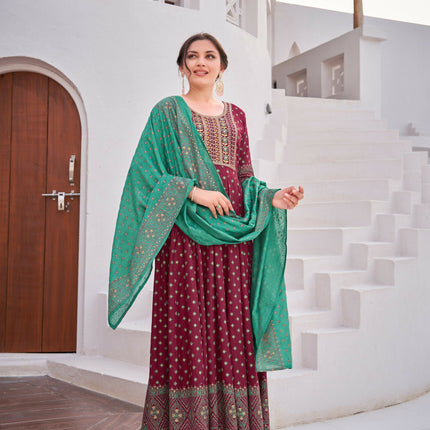 Aastha Fashion Maroon Rayon Party Wear Designer Gown Collection