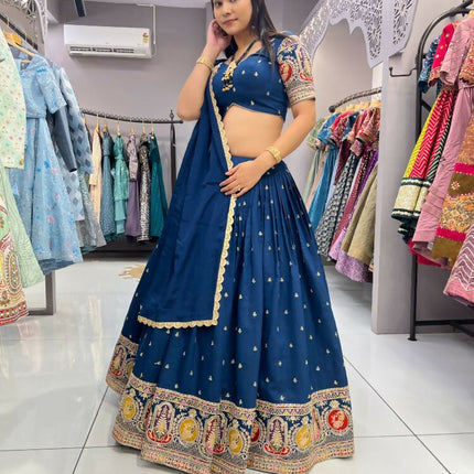 Aastha Fashion Rama Roman Silk Embroidery Thread / Zari / Sequence Work Semi Stitched Wedding Wear Lehenga Choli