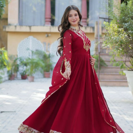 Aastha Fashion Maroon Faux Blooming Georgette Sequins Embroidered work Party Wear Designer Gown
