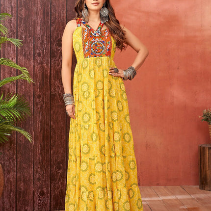 Aastha Fashion Yellow Faux Blooming Georgette Glamorous Festival Wear Designer Navratri Gown Collection
