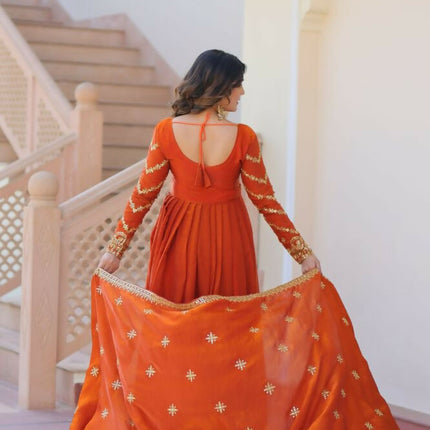 Aastha Fashion Orange Fendy Fabric Zari & Sequins Embroidered work Party Wear Designer Gown