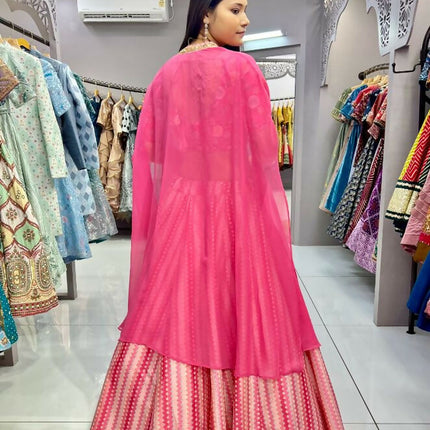 Aastha Fashion Pink Slub Silk Embroidery Thread / Sequence Work + Digital Print Semi Stitched Wedding Wear Lehenga Choli