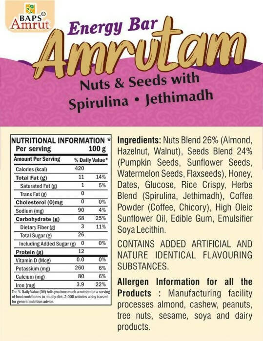 Baps Amrut Energy Bar Amrutam (Nuts & Seeds With Spirulina , Jethimadh)