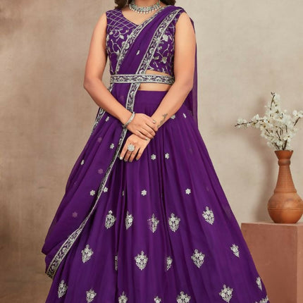 Aastha Fashion Purple Heavy Georgette Embroidery Zari / Sequence Work Semi Stitched Wedding Wear Lehenga Choli