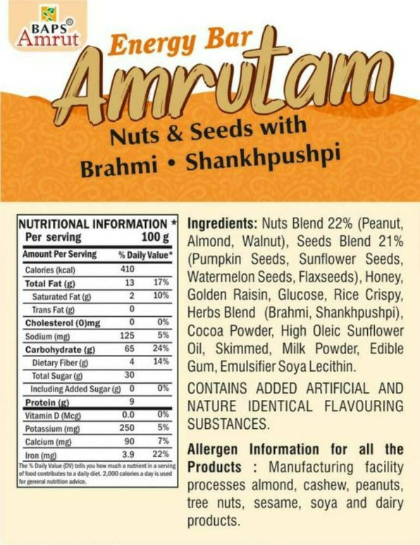 Baps Amrut Energy Bar Amrutam (Nuts & Seeds With Brahmi • Shankhpushpi)