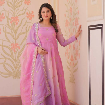 Aastha Fashion Pink Pedding Gold Organza Sequins-Multi & Zari Embroidered Work Party Wear Designer Gown