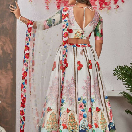 Aastha Fashion Off White Medonna Silk Heavy Digital Print Semi Stitched Wedding Wear Lehenga Choli