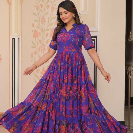 Aastha Fashion Purple Faux Georgette Printed Party Wear Designer Gown