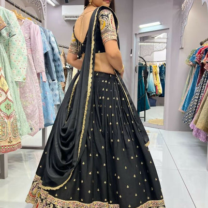 Aastha Fashion Black Roman Silk Embroidery Thread / Zari / Sequence Work Semi Stitched Wedding Wear Lehenga Choli