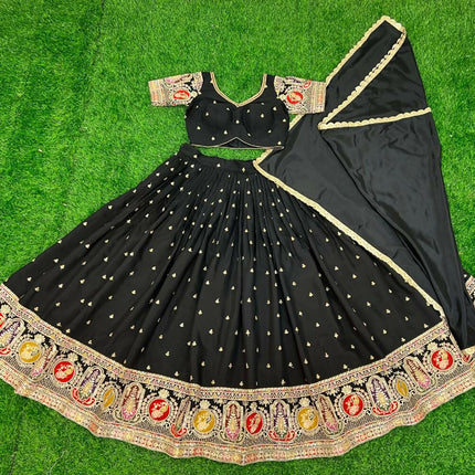 Aastha Fashion Black Roman Silk Embroidery Thread / Zari / Sequence Work Semi Stitched Wedding Wear Lehenga Choli