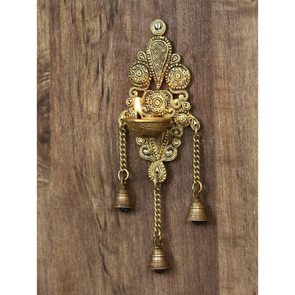eCraftIndia Gold-Toned Handcrafted Antique Finish Diya with Bells Decorative Wall Hanging Showpiece