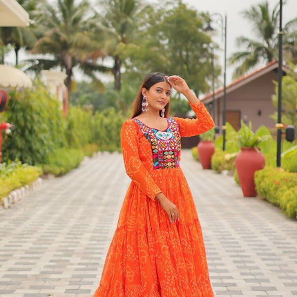 Aastha Fashion Orange Faux Georgette Navratri Designer Gown Collection