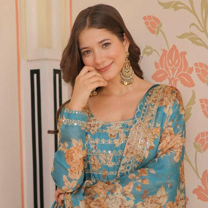 Aastha Fashion Rama Russian Silk Digital Print With Embroidered Sequins Work Party Wear Designer Gown