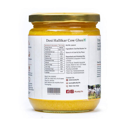 Kudej Desi Hallikar Cow A2 Ghee | Organic Desi Gir Cow Ghee |  Made From Grass Fed Cow's Milk