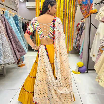 Aastha Fashion Yellow Rayon Readymade Lace Semi Stitched Wedding Wear Lehenga Choli