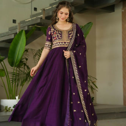 Aastha Fashion Purple Vichitra Silk Sequins-Multi & Zari Embroidered Work Party Wear Designer Gown