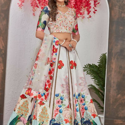 Aastha Fashion Off White Medonna Silk Heavy Digital Print Semi Stitched Wedding Wear Lehenga Choli