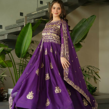 Aastha Fashion Purple Chinnon Sequins-Multi & Beads Embroidered Work Party Wear Designer Gown