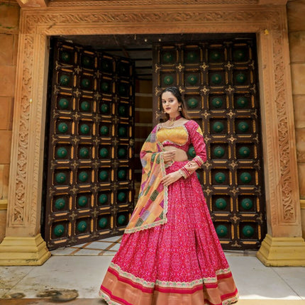 Aastha Fashion Rani Gaji Soft Silk Discharge Print + Embroidery Zari / Thread / Sequence Work Lace Semi Stitched Wedding Wear Lehenga Choli