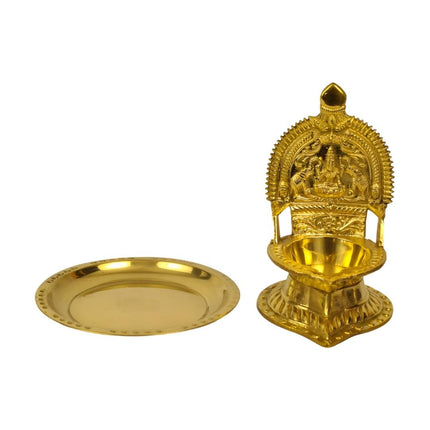 Spillbox Gold Toned Kamachi Diya With Plate Pooja Essentials