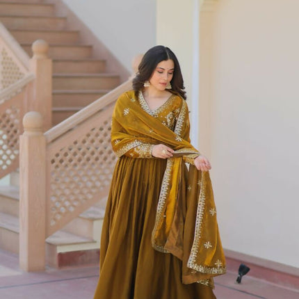 Aastha Fashion Mehandi Fendy Fabric Zari & Sequins Embroidered work Party Wear Designer Gown