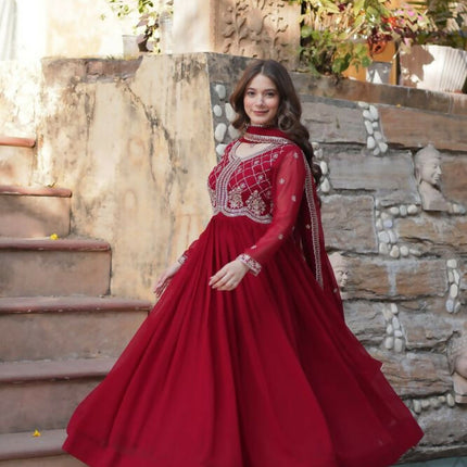 Aastha Fashion Maroon Faux Blooming Sequins-Multi & Beads Embroidered Work Party Wear Designer Gown