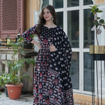 Aastha Fashion Black Pure Cotton Printed Party Wear Designer Gown