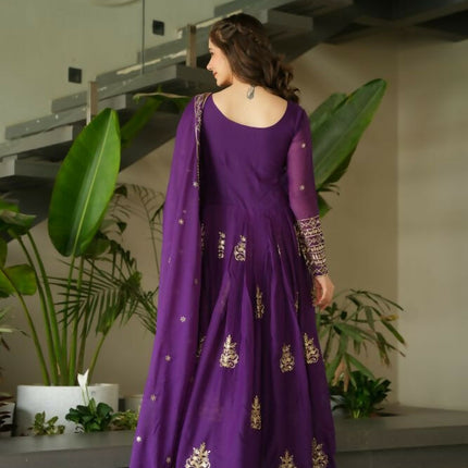 Aastha Fashion Purple Chinnon Sequins-Multi & Beads Embroidered Work Party Wear Designer Gown