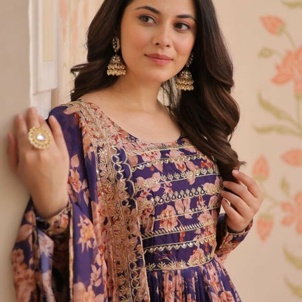 Aastha Fashion Purple Russian Silk Digital Print With Embroidered Sequins Work Party Wear Designer Gown