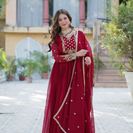 Aastha Fashion Maroon Faux Blooming Georgette Sequins Embroidered work Party Wear Designer Gown