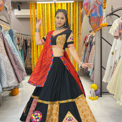 Aastha Fashion Black Rayon Gamthi Work Real Mirror Patch + Embroidery Thread Work Lace + Digital Print Semi Stitched Wedding Wear Lehenga Choli