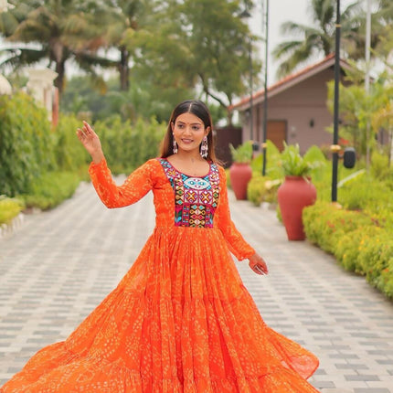 Aastha Fashion Orange Faux Georgette Navratri Designer Gown Collection