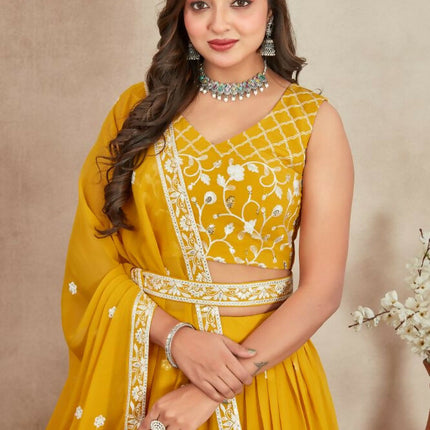 Aastha Fashion Mustard Yellow Heavy Georgette Embroidery Thread + Sequence Work Semi Stitched Wedding Wear Lehenga Choli